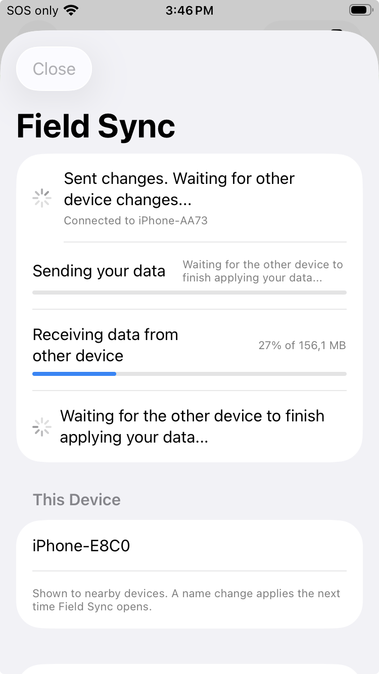 GoGIS Field Sync receiving project changes from a nearby device
