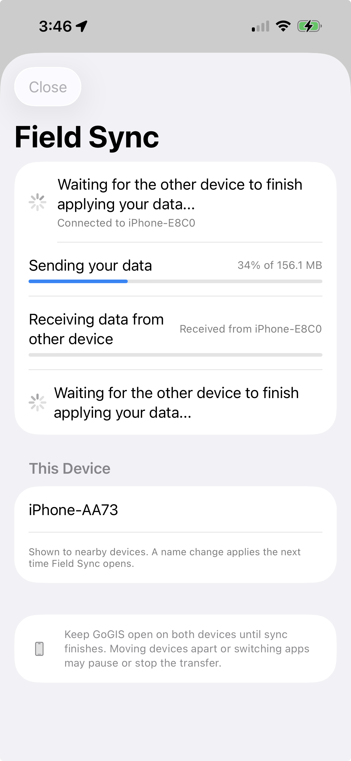 GoGIS Field Sync sending project changes to a nearby device
