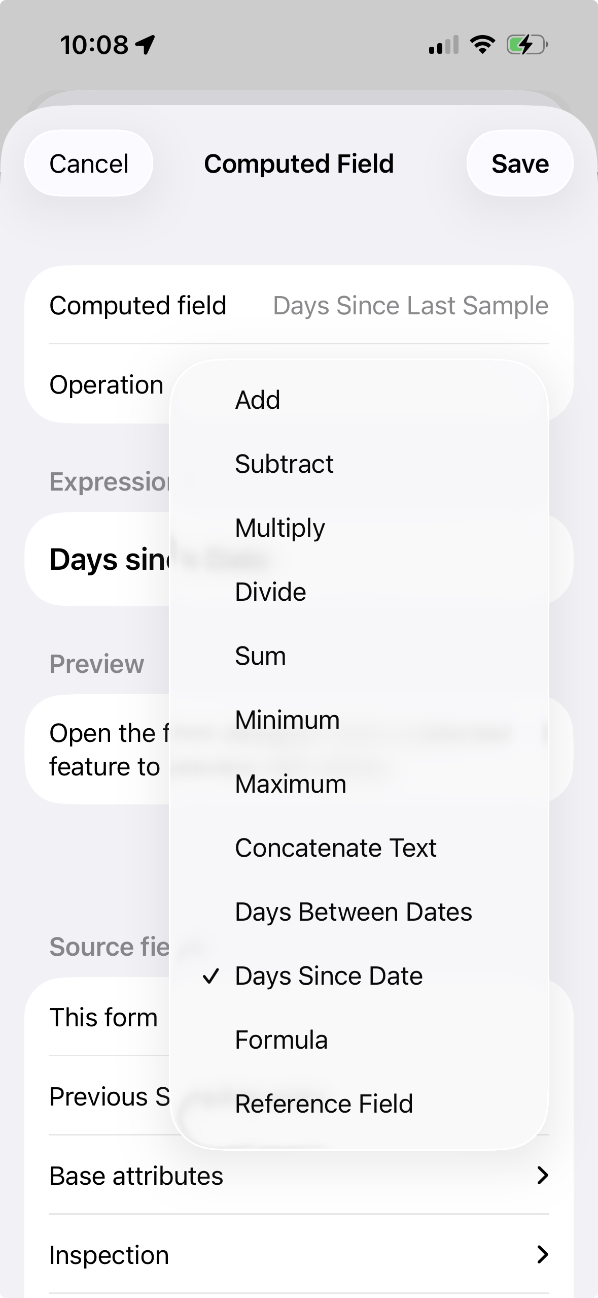 Computed field operation menu showing Add, Subtract, Multiply, Divide, Days Since Date, Formula, and Reference Field choices
