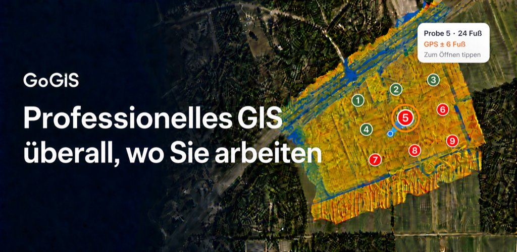 GoGIS: Professionelles GIS, wo immer Sie arbeiten. Luftbilder und eine eingefärbte Oberfläche unter nummerierten Probenstandorten, mit erfassten und verbleibenden Punkten sowie einer aktiven Probe mit Entfernung und GPS-Genauigkeit.