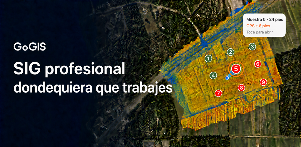 GoGIS: SIG profesional dondequiera que trabajes. Imágenes aéreas y una superficie coloreada bajo ubicaciones de muestra numeradas, con puntos recopilados y pendientes y una muestra activa que indica la distancia y la precisión del GPS.