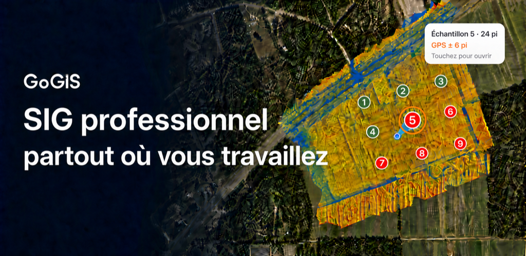 GoGIS : un SIG professionnel partout où vous travaillez. Imagerie aérienne et surface colorée sous des emplacements d'échantillons numérotés, avec les points collectés et restants ainsi qu'un échantillon actif indiquant la distance et la précision GPS.
