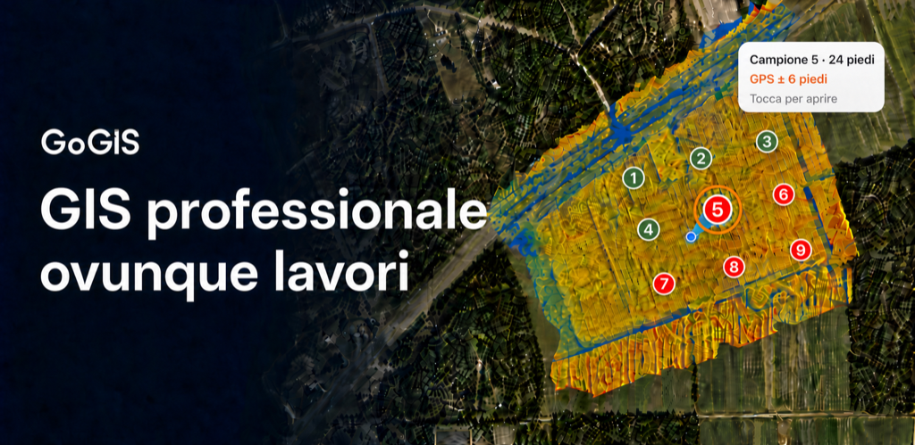 GoGIS: GIS professionale ovunque lavori. Immagini aeree e una superficie colorata sotto punti di campionamento numerati, con i punti raccolti e quelli rimanenti e un campione attivo che indica distanza e precisione GPS.