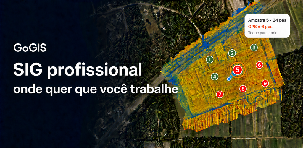 GoGIS: GIS profissional onde quer que você trabalhe. Imagens aéreas e uma superfície colorida sob locais de amostra numerados, com pontos coletados e restantes e uma amostra ativa mostrando a distância e a precisão do GPS.
