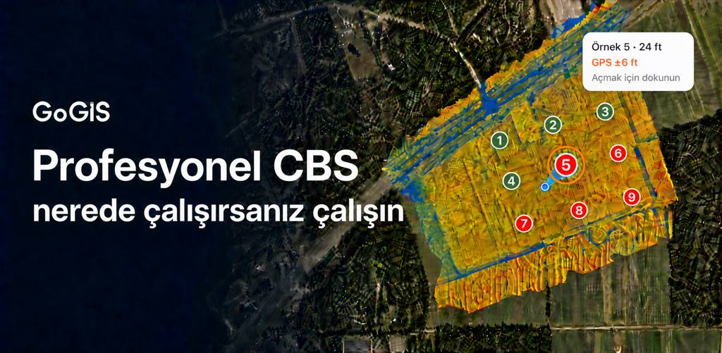 GoGIS: Nerede çalışırsanız çalışın profesyonel CBS. Numaralandırılmış örnek noktalarının altında hava görüntüsü ve renklendirilmiş bir yüzey; toplanan ve kalan noktalarla birlikte mesafeyi ve GPS doğruluğunu gösteren etkin bir örnek.