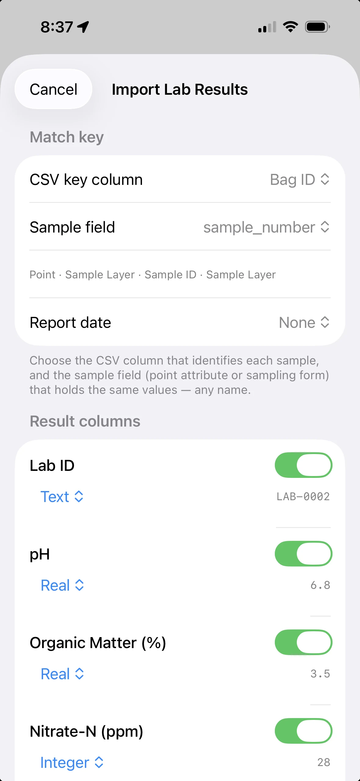 Import Lab Results matching the CSV Bag ID column to the sample_number field, with pH, organic matter and nitrate result columns.