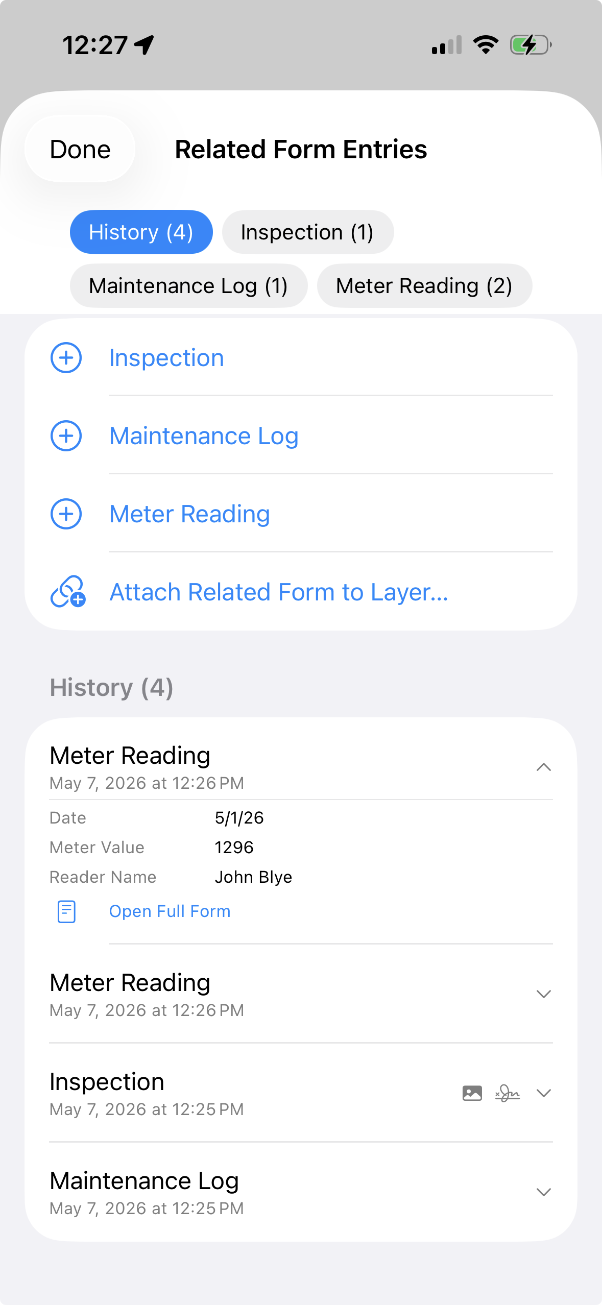 Related form entries showing history, inspection, maintenance log, and meter reading forms