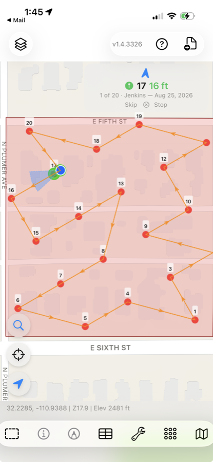 A GoGIS sample route across a field, with numbered points joined by an arrowed line and a banner reading 1 of 20