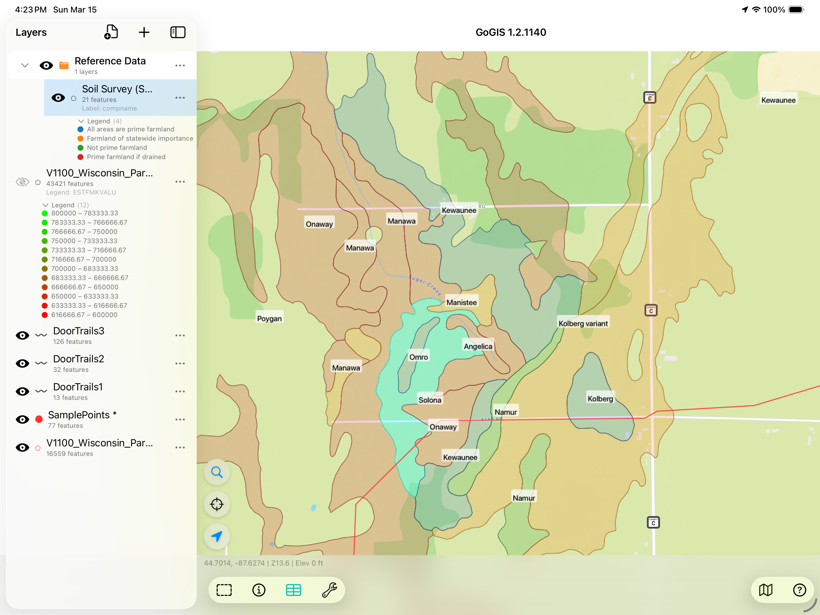 SSURGO soil survey data displayed on an iPad in GoGIS