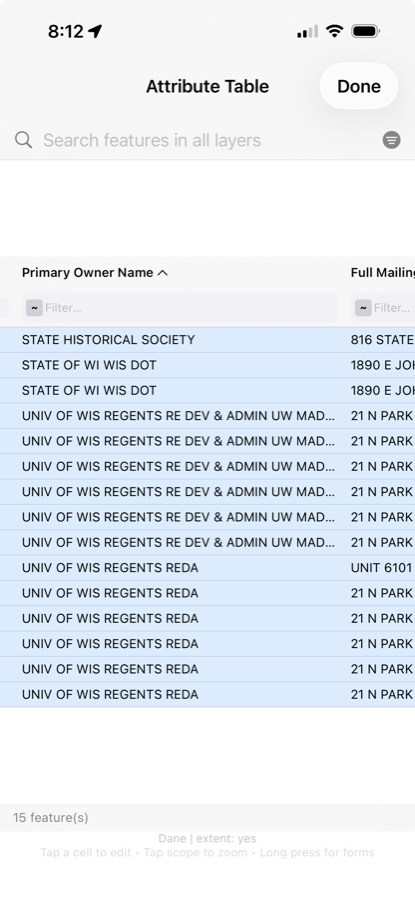 The WI 2026 attribute grid displaying parcel records in rows and columns