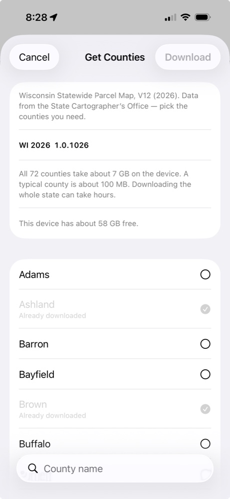 County download screen with county selection and available device storage