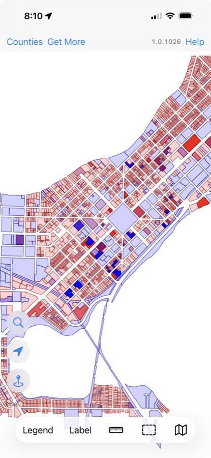 WI 2026 showing colored parcels across Madison’s isthmus between Lake Mendota and Lake Monona