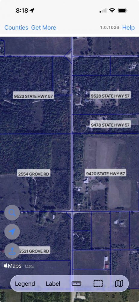 WI 2026 showing woodland, farm fields, and rural properties with parcel boundaries and address labels