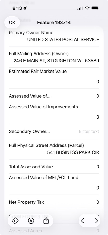 WI 2026 parcel details showing separate fields for Primary Owner Name, owner mailing address, and the parcel’s physical street address