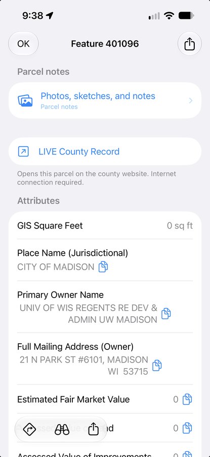 A parcel’s record in WI 2026, showing the parcel notes card and a LIVE County Record link that opens the parcel on the county website