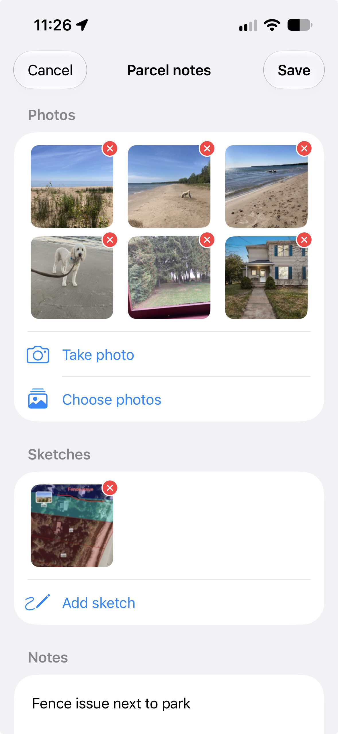 WI 2026 Parcel notes screen with beach photos, Take photo and Choose photos controls, a fence sketch, and the note Fence issue next to park